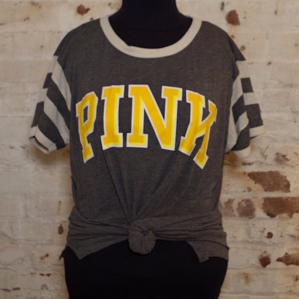 VS PINK Gray Yellow Logo Ringer Tee - Picture 2 of 5